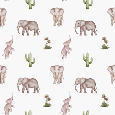 Büyüleyici suluboya tasarımı, kumaş ve ambalaj için ideal, pürüzsüz beyaz arka planda oyuncu filler ve kaktüsler sergiliyor..