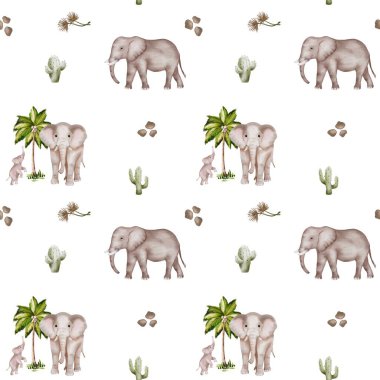 Bu desen beyaz arka planda kaktüslü suluboya filler ve palmiye ağaçları içerir, kumaş için mükemmeldir..