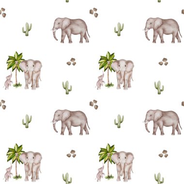 Beyaz arka planda filler, palmiye ağaçları ve kaktüsler içeren suluboya desenler. Tekstil için mükemmel..