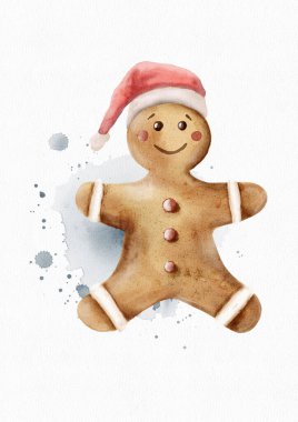 A charming gingerbread man in a red Santa hat, ideal for holiday decor.