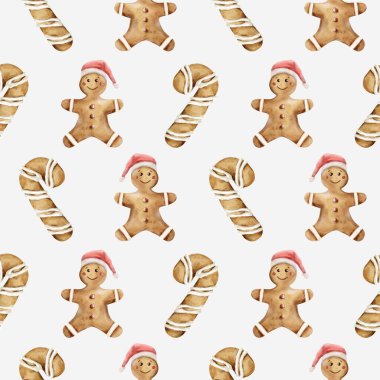 Bu desen Noel Baba şapkalı zencefilli çörekler ve bayram dekorasyonu için baston şekerlemeler içeriyor..