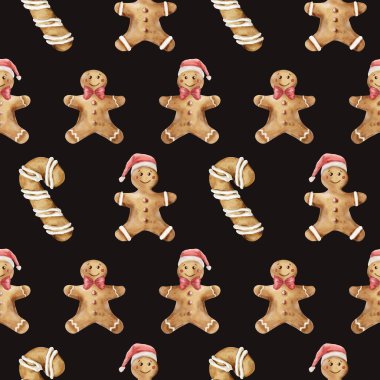 Siyah arka planda şapkalı neşeli zencefilli kurabiye deseni, dekor için mükemmel..