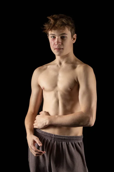Portrait Year Old Shirtless Muscular Teenage Boy Black Background — Stockfoto