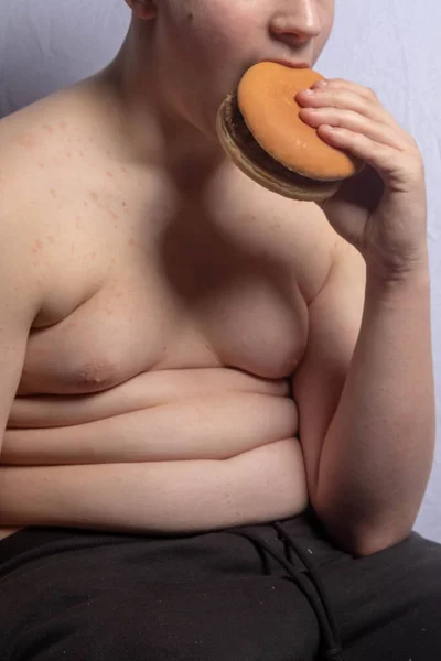 Egy Túlsúlyos Fehér Tinédzser Fiú Hamburgert Eszik — Stock Fotó