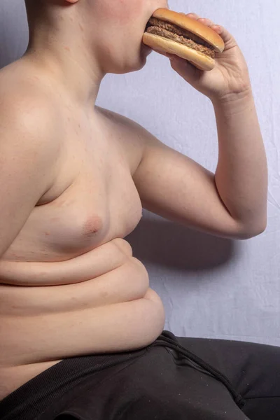 Een Overgewicht Blanke Tiener Jongen Die Een Hamburger Eet — Stockfoto