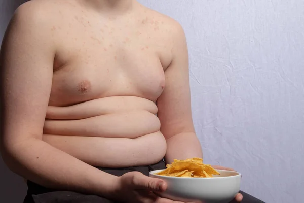 Overweight Caucasian Teenage Boy Bowl Crisps — Stock Photo, Image