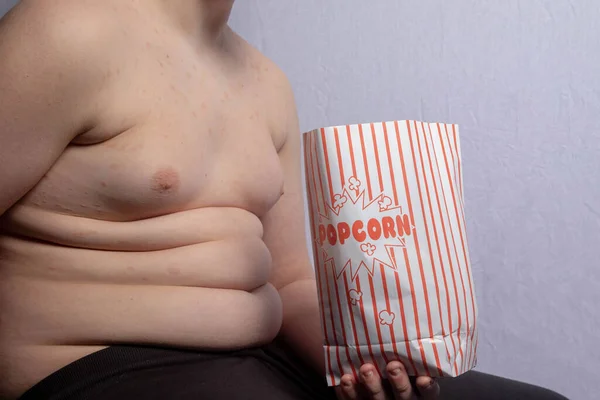 Overweight Caucasian Teenage Boy Bag Popcorn — Stock Photo, Image
