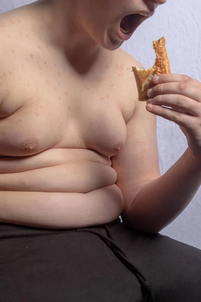 Een Overgewicht Blanke Tiener Jongen Eten Een Worstenbroodje — Stockfoto