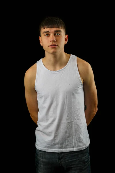 Portrait Teenage Boy White Sleeveless Top Black Background — Stock Photo, Image
