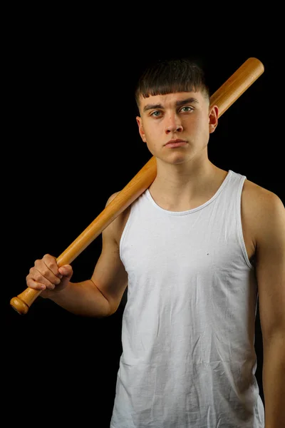 Adolescent Dans Haut Blanc Sans Manches Tenant Une Batte Baseball — Photo