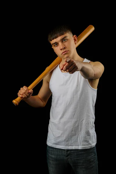 Teenage Chlapec Bílém Rukávu Top Drží Baseballovou Pálku Hrozivém Způsobem — Stock fotografie
