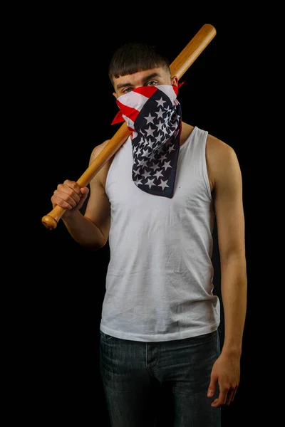 Adolescente Vistiendo Chaleco Blanco Con Una Máscara Bandera Americana Sosteniendo — Foto de Stock