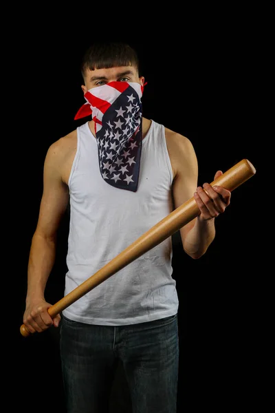 Tonårspojken Bär Vit Väst Amerikansk Flagga Mask Med Ett Basebollträ — Stockfoto
