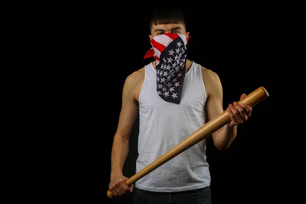 Tonårspojken Bär Vit Väst Amerikansk Flagga Mask Med Ett Basebollträ — Stockfoto