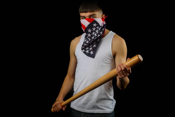 Adolescente Vistiendo Chaleco Blanco Con Una Máscara Bandera Americana Sosteniendo —  Fotos de Stock
