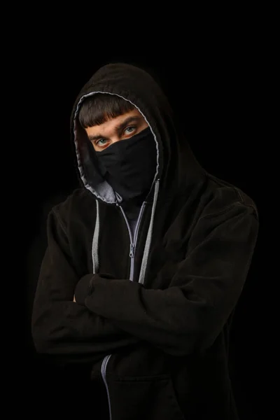 Teenage Boy Wearing Black Mask Black Hoodie — Stock Photo, Image