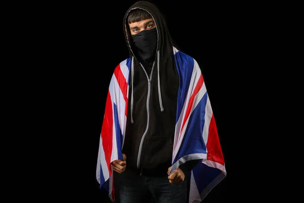 Nastolatek Kapturze Masce Brytyjską Flagą — Zdjęcie stockowe