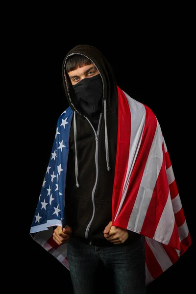 Teenage Boy Hoodie Mask Holding American Flag — Stock Photo, Image
