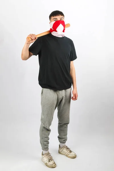 Adolescente Com Taco Beisebol Usando Uma Máscara Bandeira Inglaterra Contra — Fotografia de Stock