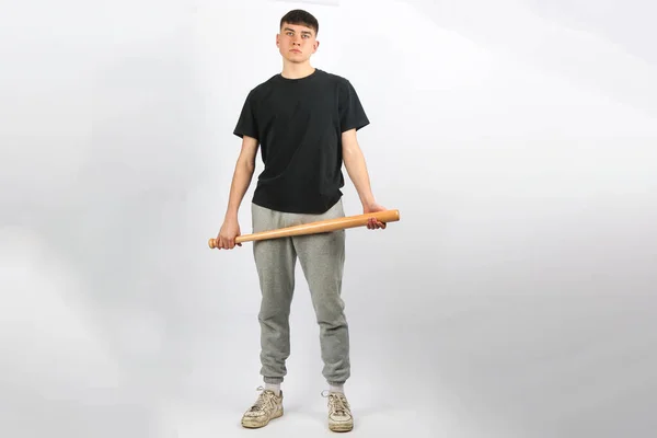 Adolescente Segurando Taco Beisebol Contra Fundo Branco — Fotografia de Stock