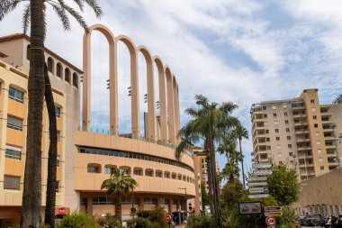 Fontvieille, Monaco, 20 Nisan 2023, Monako FC 'nin doğduğu yer olan Monako Fontvieille' deki Stade Louis III. Fontvieille geri kazanılmış topraklardan oluşur..