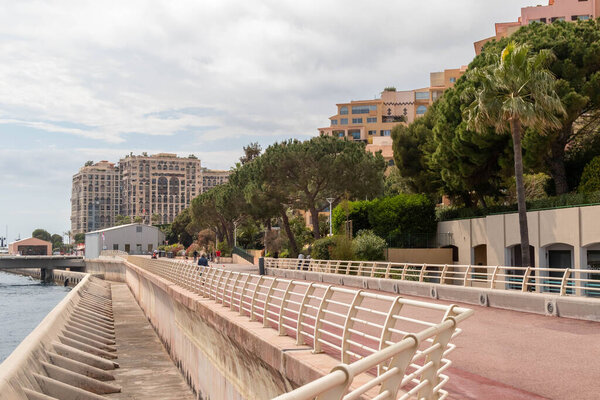 Fontvieille, Monaco, April 20th 2023:- The Sea Wall in the Fontvieille ward of Monaco. Fontvieille is made up from reclaimed land.