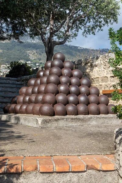 stock image Monaco-Ville, Monaco, April 20th 2023:- A view of a pile of Canon Balls, near Fort Antoine Theatre