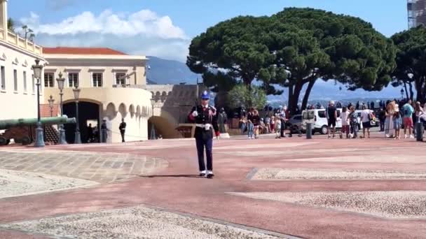 Монако Монако Апреля 2023 Года Дежурный Охранник Возле Королевского Дворца — стоковое видео