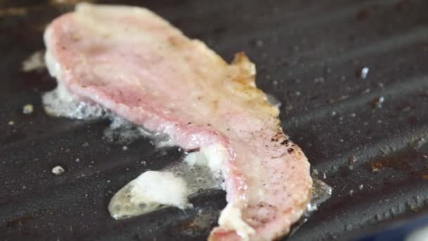 Slice Bacon Being Fried Griddle Pan — Stock Video