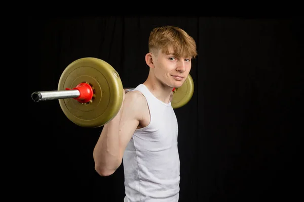 Portrait Year Old Caucasian Teenage Boy Wearing Sleeveless Vest Using — Stock Photo, Image