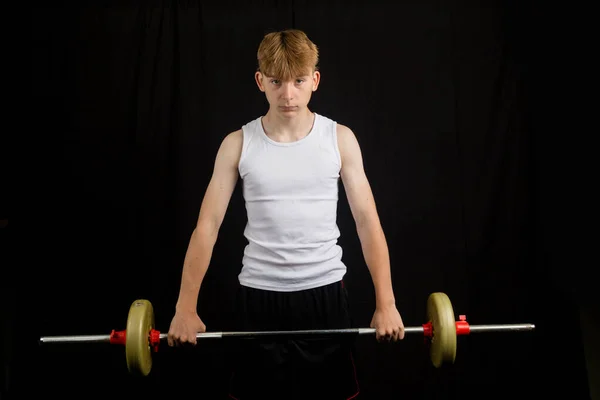 Portrait Year Old Caucasian Teenage Boy Wearing Sleeveless Vest Lifting — Stock Photo, Image