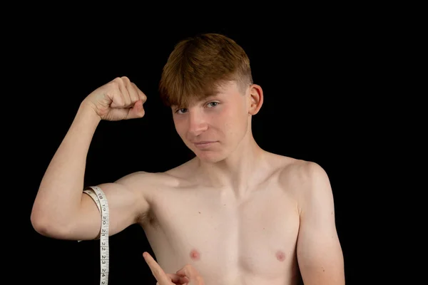 Portrait Sporty Shirtless Teenage Boy Measuring His Bicep — Stock Photo, Image