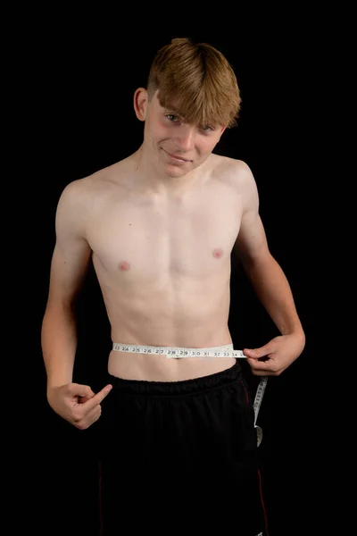 Portrait Sporty Shirtless Teenage Boy Measuring His Waist — Stock Photo, Image