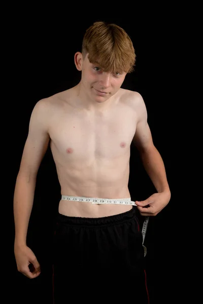 Portrait Sporty Shirtless Teenage Boy Measuring His Waist — Stock Photo, Image