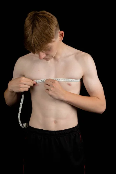 Portrait Sporty Shirtless Teenage Boy Measuring His Chest — Stock Photo, Image