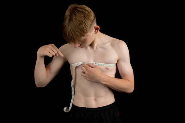Portrait Sporty Shirtless Teenage Boy Measuring His Chest — Stock Photo, Image