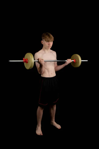 Portrait Sporty Shirtless Teenage Boy Exercising Barbell — Stock Photo, Image