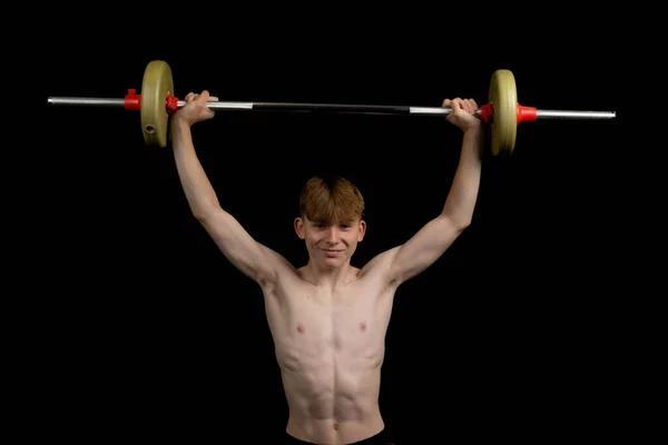 Portrait Sporty Shirtless Teenage Boy Exercising Barbell — Stock Photo, Image