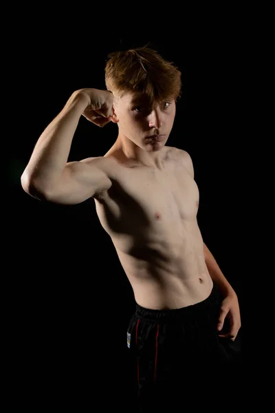 Portrait Sporty Shirtless Teenage Boy Flexing His Muscles — Stock Photo, Image