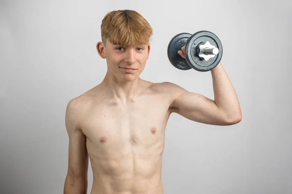 Portrait Sporty Shirtless Teenage Boy Exercising Dumbbell — Stock Photo, Image
