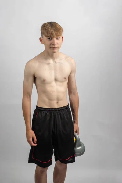 Portrait Sporty Shirtless Teenage Boy Holding Kettlebell — Stock Photo, Image