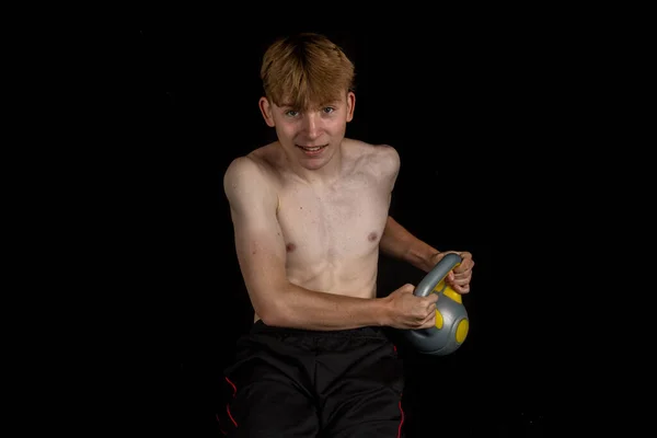 Portrait Sporty Shirtless Teenage Boy Doing Russian Twists — Stock Photo, Image