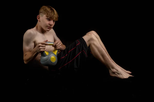 Portrait Sporty Shirtless Teenage Boy Doing Russian Twists Side — Stock Photo, Image