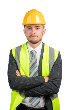 Takım elbiseli bir iş adamının portresi, yüksek çözünürlüklü yelek ve şapka
