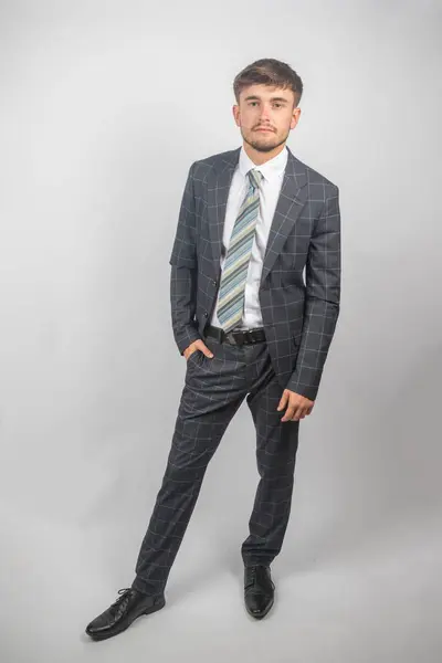 Portrait Young Entrepreneur Suit Tie Plain Background — Stock Photo, Image