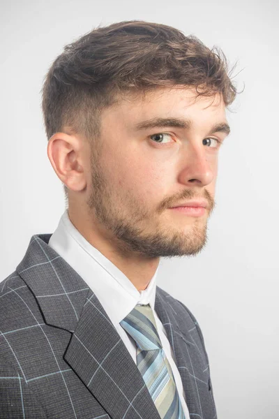 Portrait Young Entrepreneur Suit Tie Plain Background — Stock Photo, Image