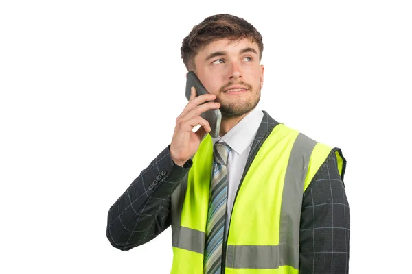 Takım Elbiseli Mutlu Bir Adamının Portresi Cep Telefonu Kullanan Bir — Stok fotoğraf
