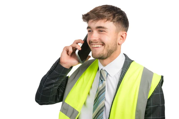 Portrait Happy Business Man Suit Vis Vest Using Mobile Phone — Stock Photo, Image