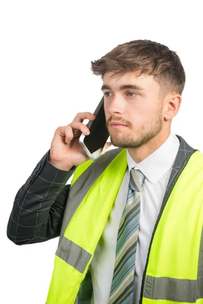 Portrait Business Man Suit Vis Vest Using Mobile Phone — Stock Photo, Image