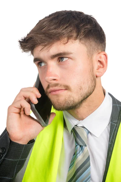 Takım Elbiseli Ciddi Bir Adamının Portresi Cep Telefonu Kullanan Bir — Stok fotoğraf